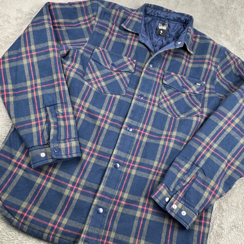 Vans Reversible Shirt Jacket Mens L Blue Plaid Quilted Excellent VN0A7S8ZLKZ